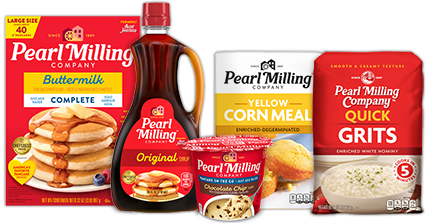 Pearl Milling company product array buttermilk complete, original syrups, quick grits, yellow corn meal, on the go cup