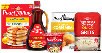 Pearl Milling company product array buttermilk complete, original syrups, quick grits, yellow corn meal, on the go cup